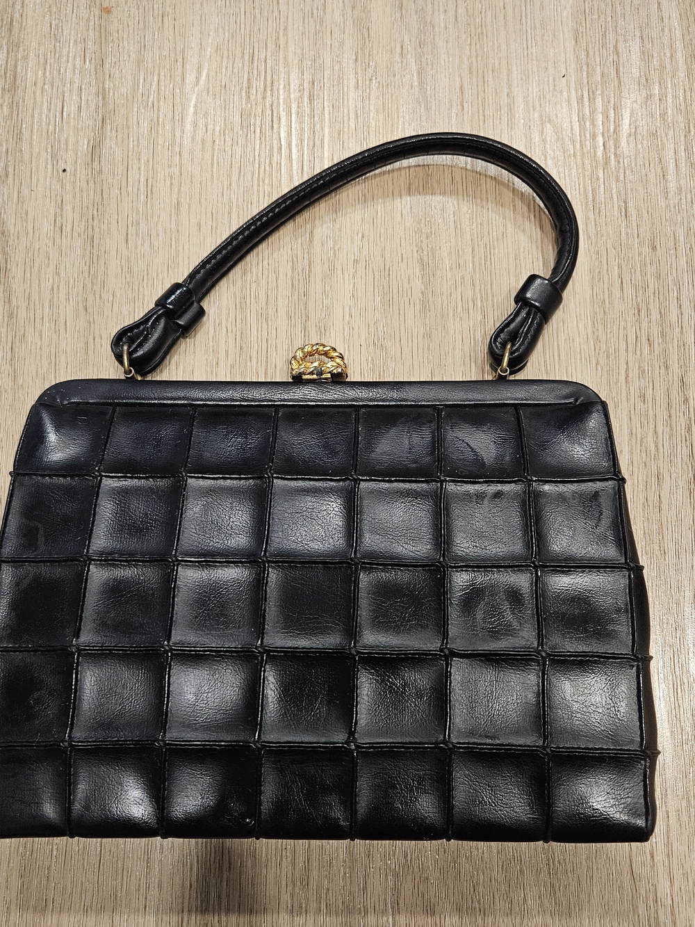 Vintage Black Leather Top-Handle Bag (Brand Is Unknown Label Hard To Read)